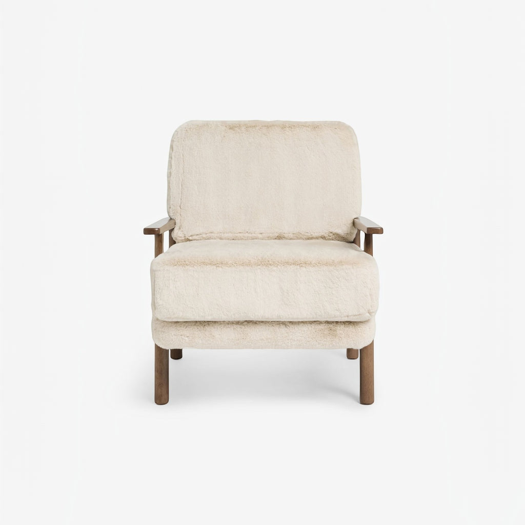 Homecrest Lars Scandi accent chair featuring a cream faux fur deep cushioned seat and a solid wood frame.
