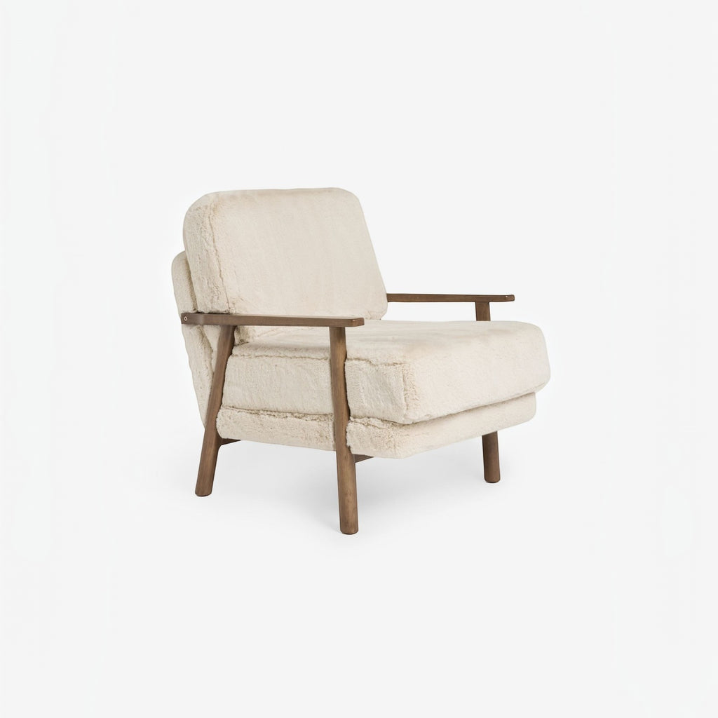 Homecrest Lars Scandi accent chair with a solid wood frame and cream-coloured Arctic faux fur upholstery.