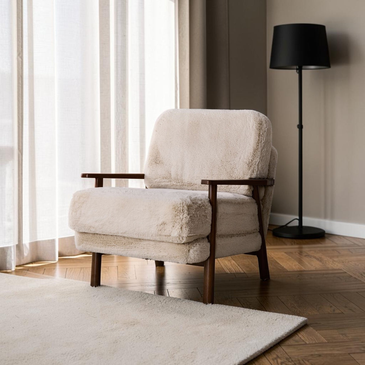 Homecrest Lars Scandi accent chair featuring a cream faux fur cushioned seat and a dark solid wood frame.