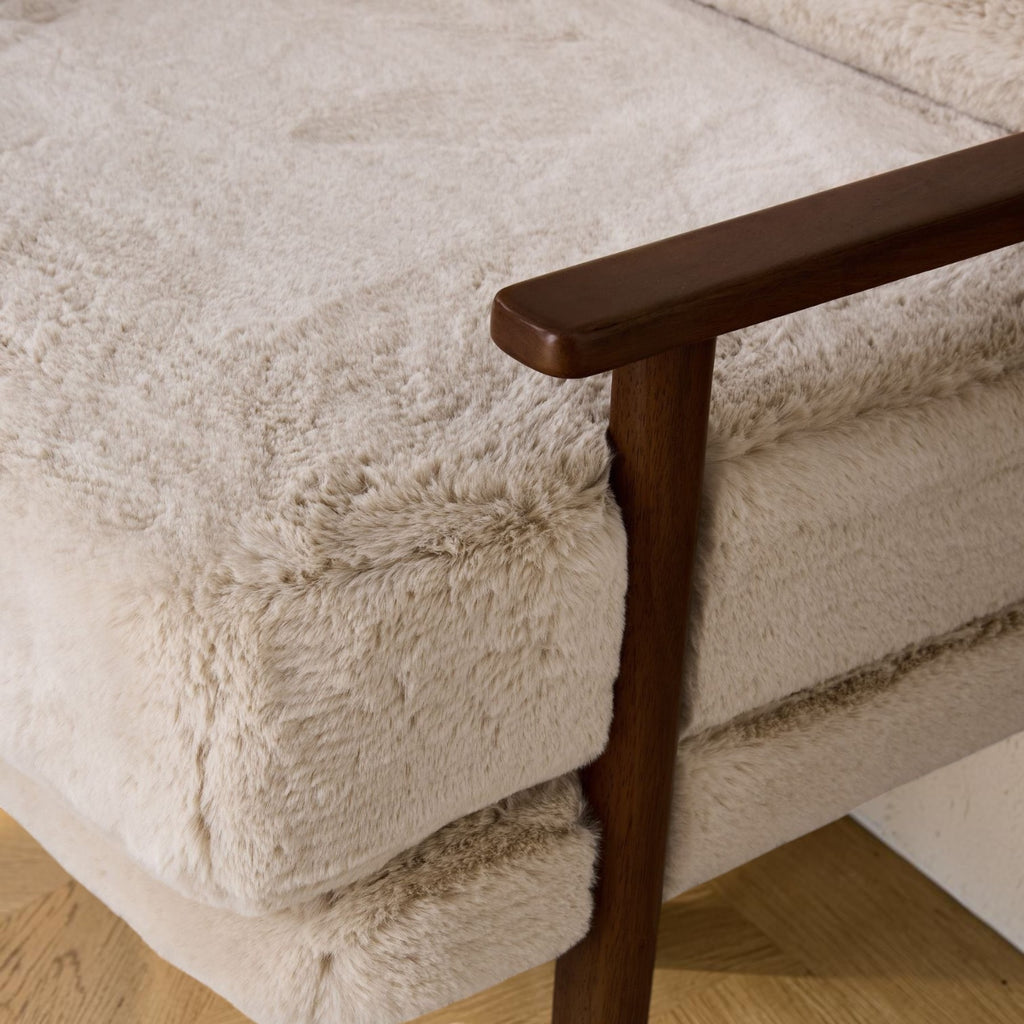 Homecrest Lars Scandi accent chair featuring plush beige faux fur upholstery and a dark solid wood frame