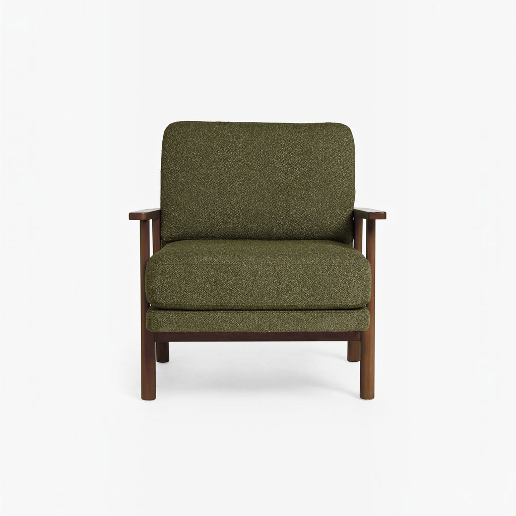 Homecrest Lars Scandi accent chair featuring a dark wood frame and olive green textured bouclé upholstery.