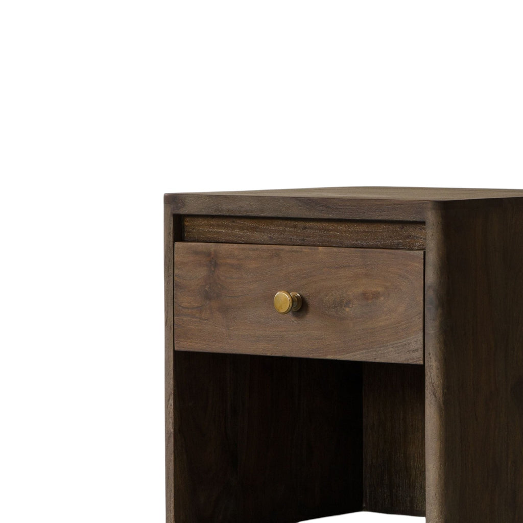 Homecrest Latimer bedside table in dark antiqued wood with a single drawer and brass knob