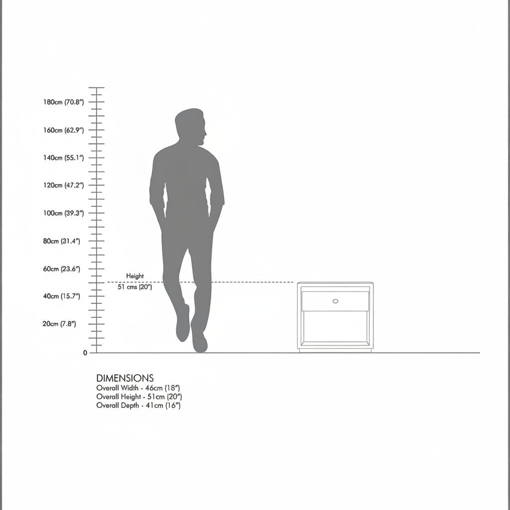 Homecrest Latimer bedside table dimension diagram showing 51cm height next to a human silhouette for scale