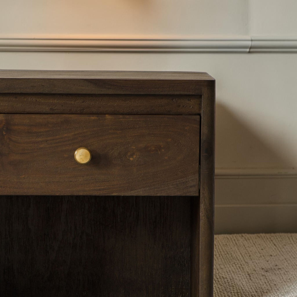 Homecrest Latimer bedside table in dark stained solid wood with a single drawer and a round decorative knob