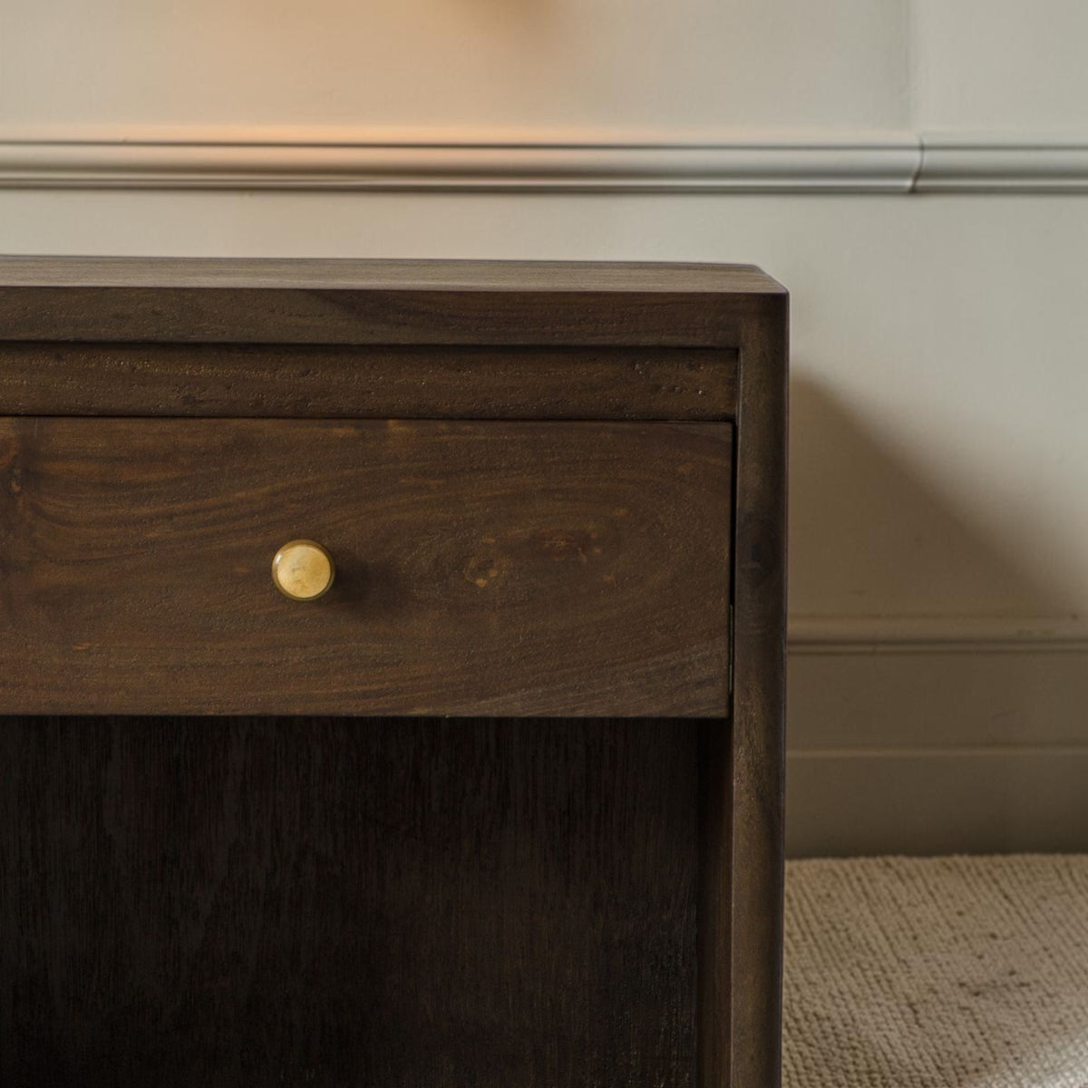 Homecrest Latimer bedside table in dark stained solid wood with a single drawer and a round decorative knob