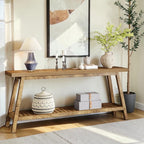 Homecrest Ledbury long acacia wood console table with an open lower shelf in a natural finish for hallway decor.