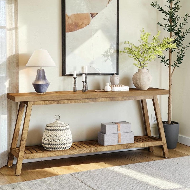 Homecrest Ledbury long acacia wood console table with an open lower shelf in a natural finish for hallway decor.