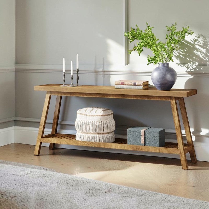 Homecrest Ledbury long acacia wood console table with an open under-shelf in a natural finish for hallway decor.