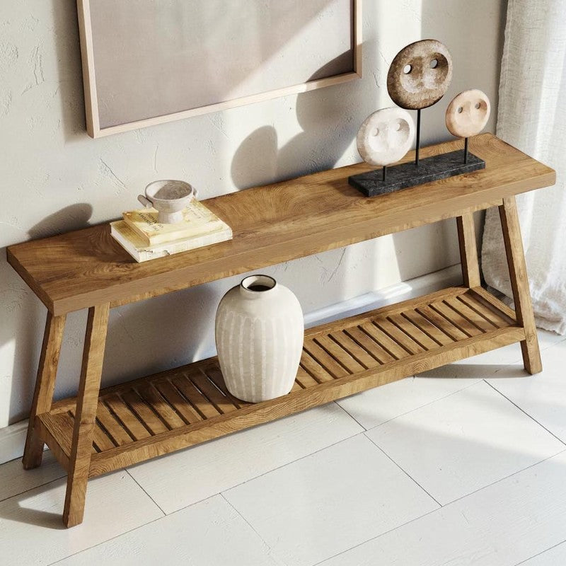 Homecrest Ledbury long acacia wood console table with a slatted under-shelf in a natural finish for hallway decor.