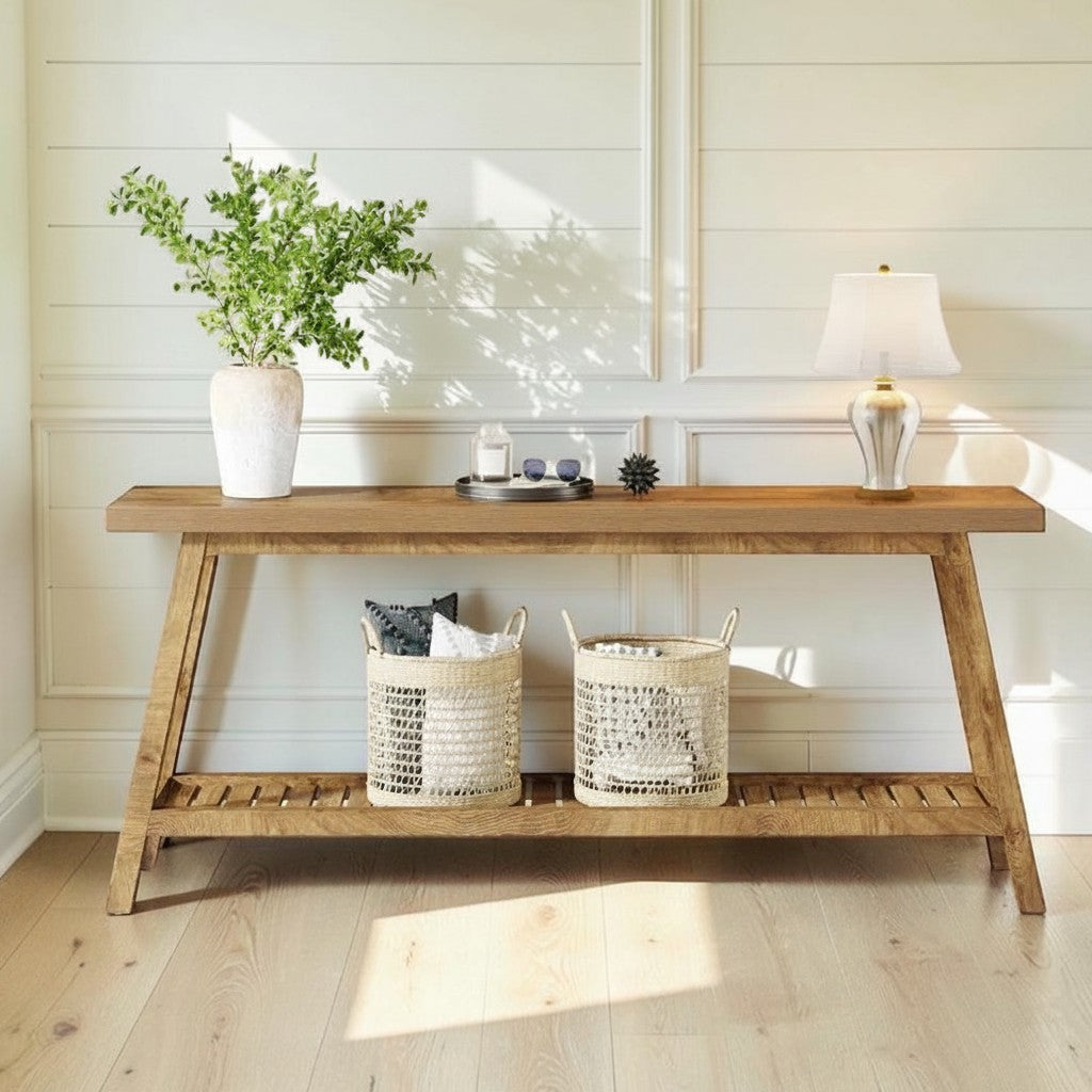 Homecrest Ledbury long acacia wood console table with an open under-shelf, styled in a bright hallway.