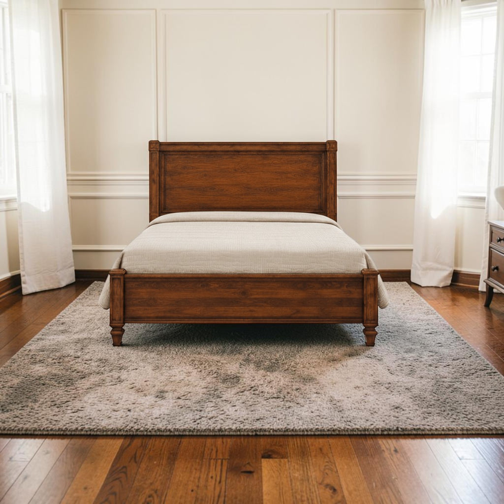 Homecrest Lenham solid Sheesham wood bed with a tall recessed panel headboard and decorative turned finial feet