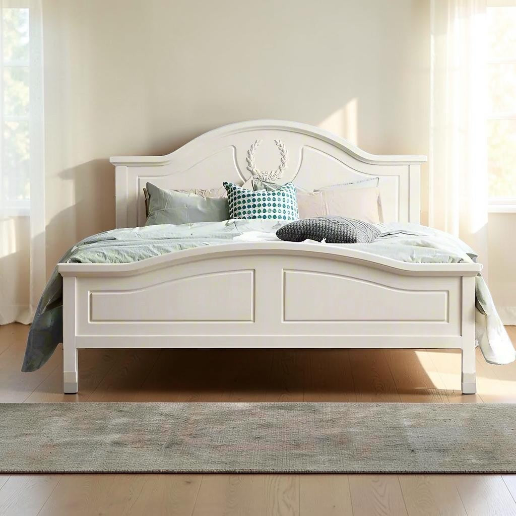 Homecrest luxury standard bed in light beige PU finish with a carved wreath detail on the headboard