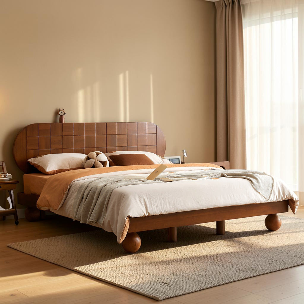 Homecrest light walnut Sheesham wood platform bed with a curved grid headboard and unique spherical legs in a bedroom