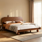 Homecrest light walnut Sheesham wood platform bed with a curved grid headboard and unique spherical legs in a bedroom
