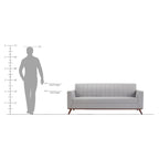 Homecrest Lindholm Scandinavian sofa with grey upholstery and teak wood base, shown with height dimension scale.