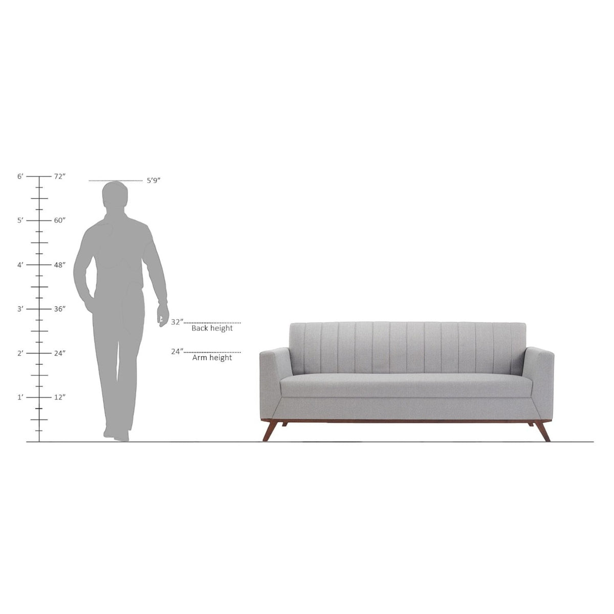 Homecrest Lindholm Scandinavian sofa with grey upholstery and teak wood base, shown with height dimension scale.