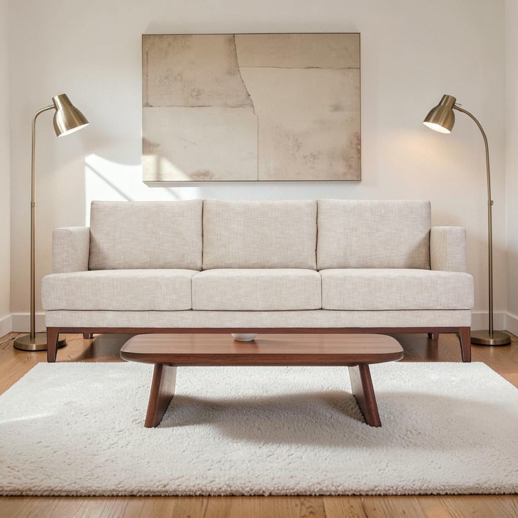 Homecrest Linnea contemporary sofa in parchment fabric with a slim profile, teak wood base, and recessed arms.