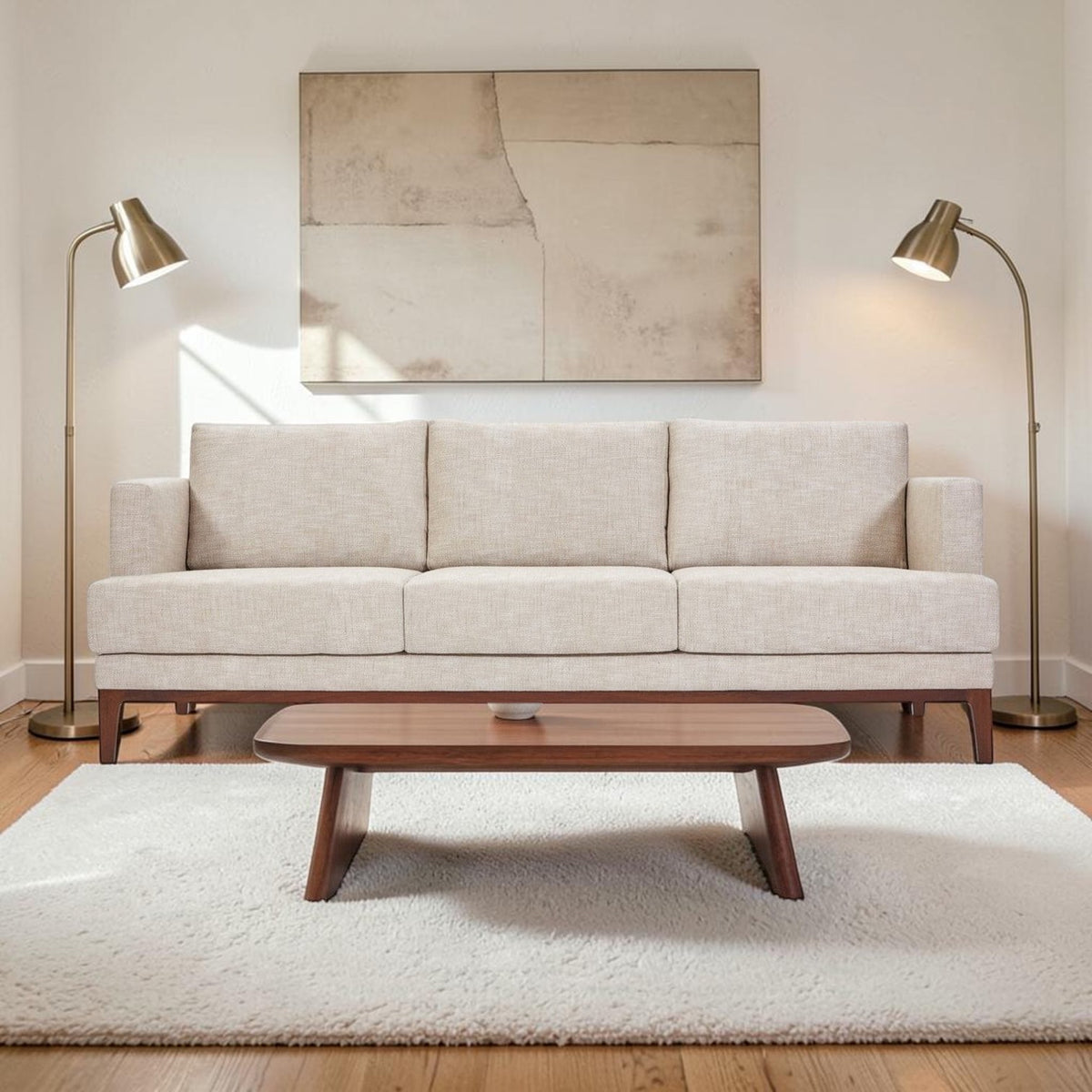 Homecrest Linnea contemporary sofa in parchment fabric with a slim profile, teak wood base, and recessed arms.