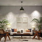 Homecrest Linnea slim-profile contemporary sofa in parchment upholstery with teak wood frame in a modern living room.