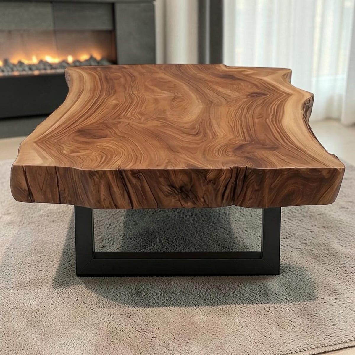 Homecrest Kestrel live edge coffee table with a natural solid wood slab top and black powder-coated metal frame.