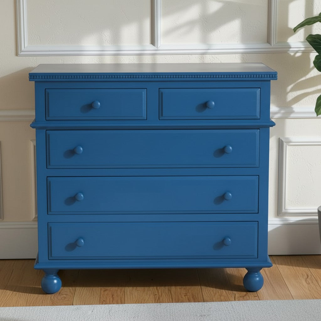 Homecrest Whitmore five-drawer chest in ultramarine blue solid mango wood with beaded moulding and bun-foot legs