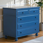 Homecrest Whitmore five-drawer chest in ultramarine blue solid mango wood with beaded moulding and bun-foot legs.