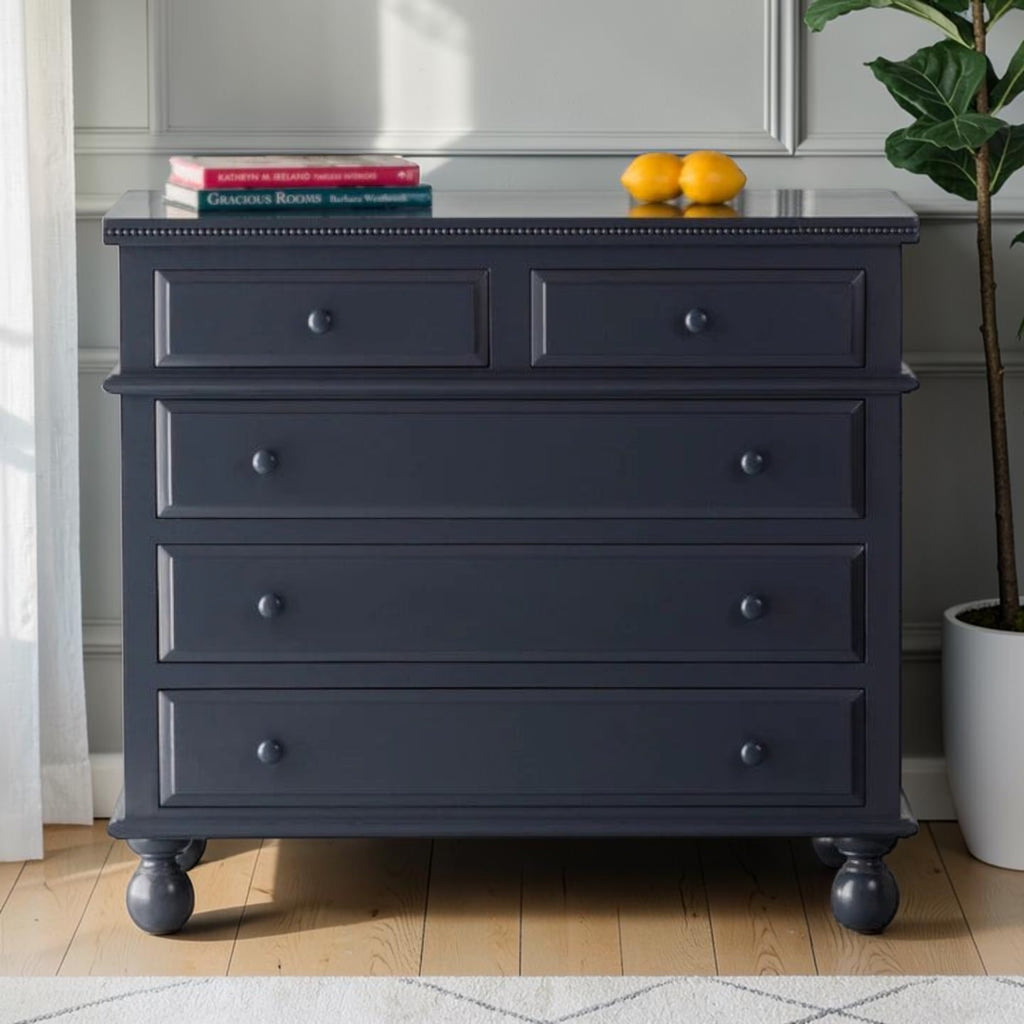 Homecrest Whitmore five-drawer chest in dark blue solid mango wood with beaded moulding and classic bun-foot legs.
