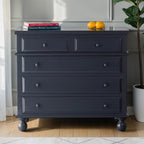 Homecrest Whitmore five-drawer chest in dark blue solid mango wood with beaded moulding and classic bun-foot legs.