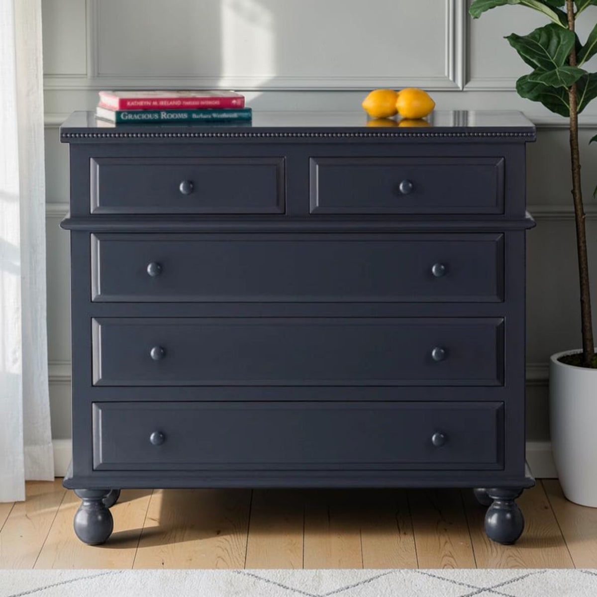 Homecrest Whitmore five-drawer chest in dark blue solid mango wood with beaded moulding and classic bun-foot legs.