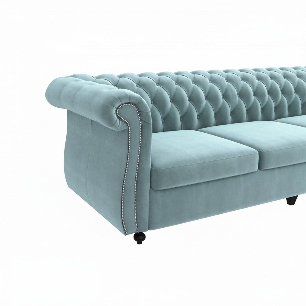 Homecrest Berkley Chesterfield sofa in light blue velvet with classic button tufting and silver nailhead trim.