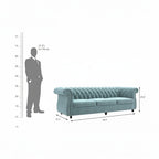 Homecrest Berkley 3-seater Chesterfield sofa in dusk blue velvet with tufted back and rolled arms, dimension diagram.
