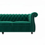 Homecrest Berkley Chesterfield sofa in emerald green velvet with tufted backrest and silver nailhead trim on armrest