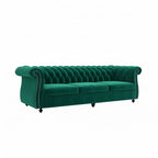 Homecrest Berkley three-seater Chesterfield sofa in emerald green velvet with button tufting and nailhead trim.