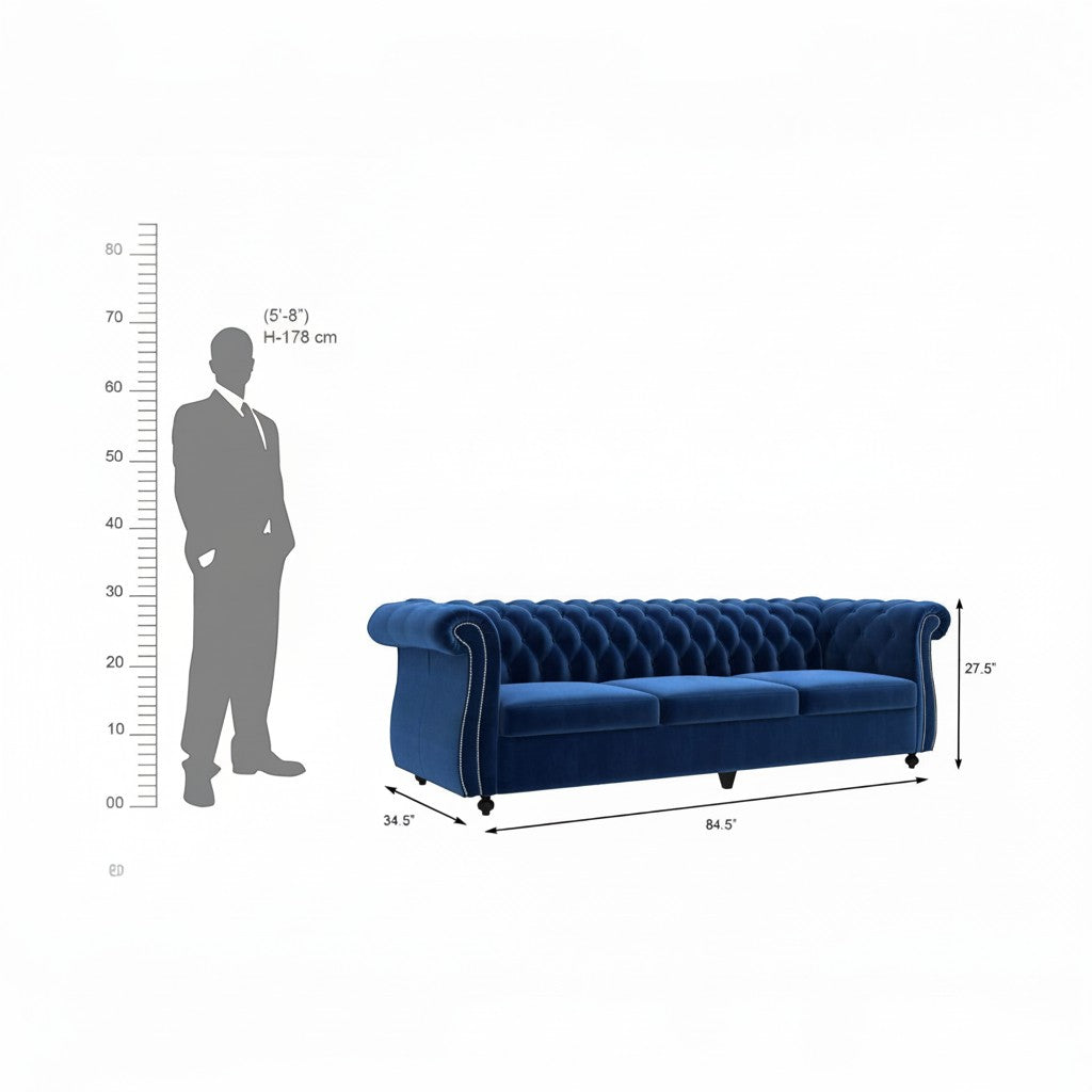 Homecrest Berkley three-seater Chesterfield sofa in indigo blue velvet with tufted back and silver nailhead trim.