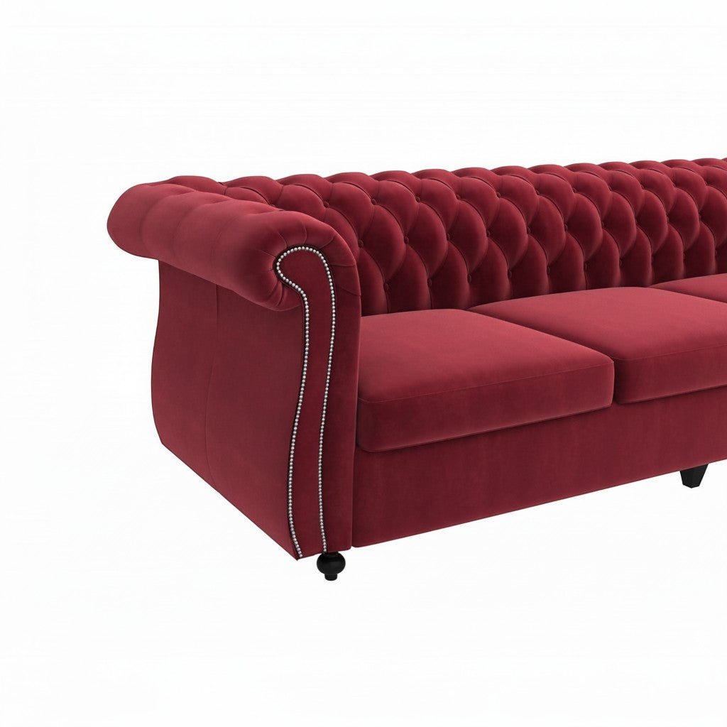 Homecrest Berkley 3-seater Chesterfield sofa in pomegranate red velvet with tufted back and silver nailhead trim