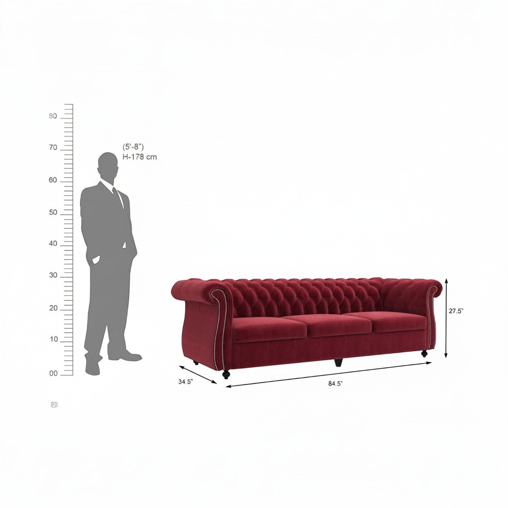 Homecrest Berkley 3-seater Chesterfield sofa in pomegranate velvet with tufted back and nailhead trim, dimension diagram.