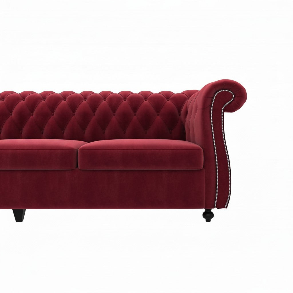 Homecrest Berkley Chesterfield sofa in pomegranate red velvet with classic tufted back and silver nailhead trim