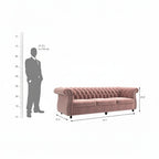 Homecrest Berkley 3-seater Chesterfield sofa in rose dust velvet with tufted back and rolled arms, dimension diagram