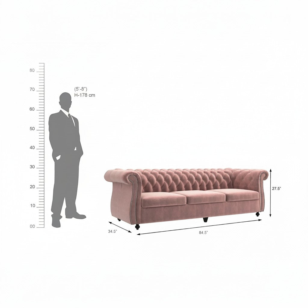 Homecrest Berkley 3-seater Chesterfield sofa in rose dust velvet with tufted back and rolled arms, dimension diagram