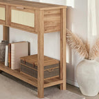 Homecrest Lorne console table in natural acacia wood with rattan door fronts and a lower display shelf