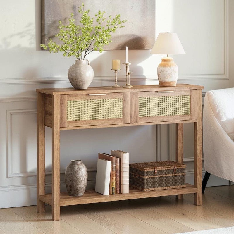 Homecrest Lorne console table in natural acacia wood with rattan-set doors and a lower shelf for hallway storage.