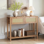 Homecrest Lorne console table in natural acacia wood with rattan-set doors and a lower shelf for hallway storage.