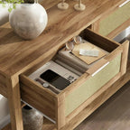 Homecrest Lorne console table in natural acacia wood with a rattan-front drawer open, showing interior storage.
