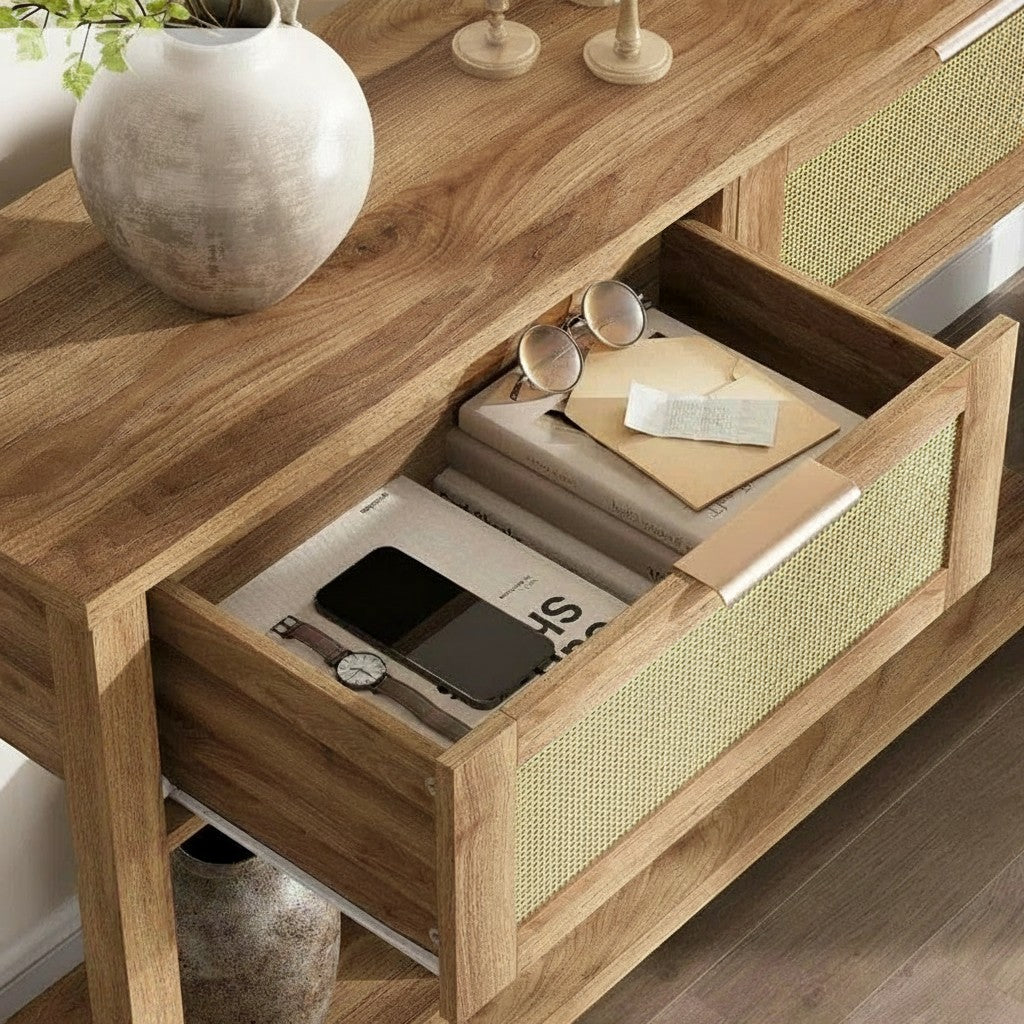 Homecrest Lorne console table in natural acacia wood with a rattan-front drawer open, showing interior storage.