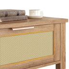 Homecrest Lorne console table featuring natural acacia wood and a detailed rattan-set door panel with a metal handle.