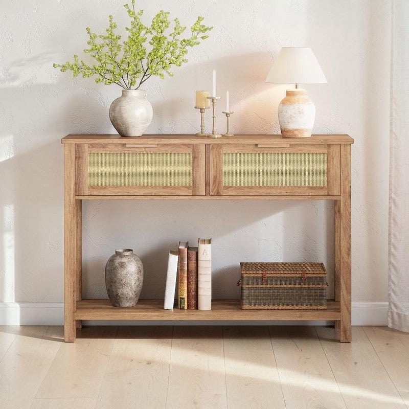 Homecrest Lorne console table in natural acacia wood with two rattan-set drawers and a lower display shelf.