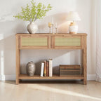 Homecrest Lorne console table in natural acacia wood with two rattan-set drawers and a lower display shelf.