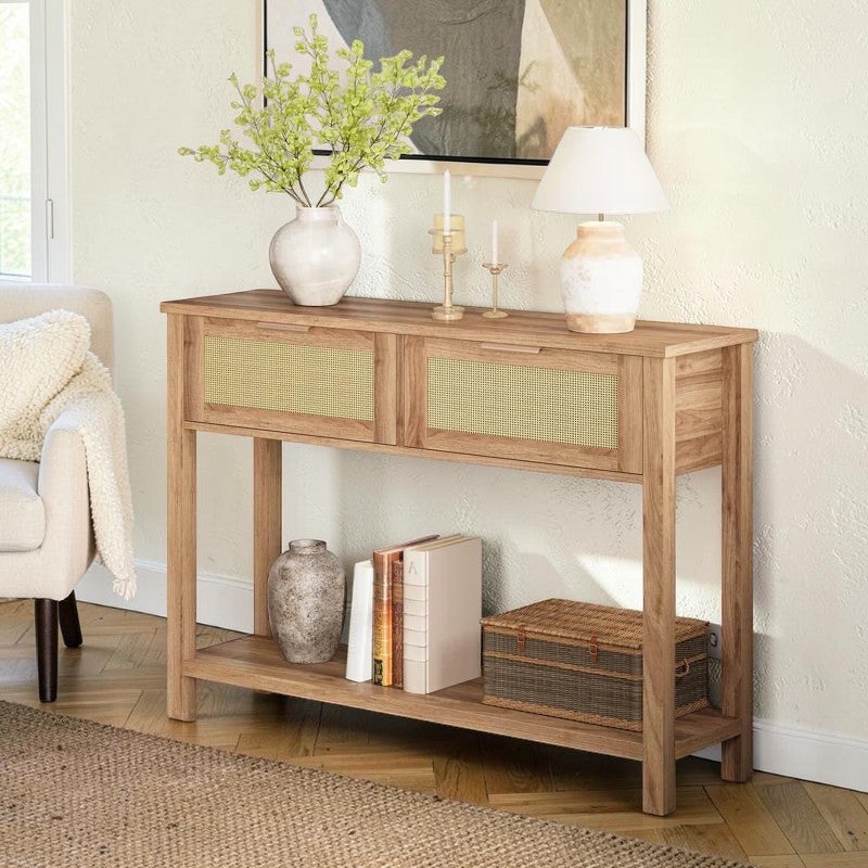 Homecrest Lorne console table in natural acacia wood with two rattan-set doors and a lower storage shelf