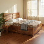 Homecrest Norbury solid wood platform bed featuring a horizontal slatted headboard and natural grain finish in a bedroom