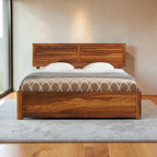 Homecrest Norbury solid wood platform bed featuring a horizontal slatted headboard and natural wood grain finish.